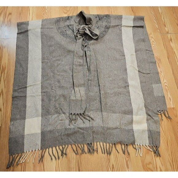 Vintage Wool Cape Western Poncho Fringe Coat One Size Ethnic Aztec Cape Taupe - Picture 8 of 8